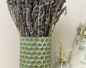 花瓶 緑色 花柄 金縁 絶妙なグリーンのハニカム円筒花瓶 - 金縁のエレガントなガラス製