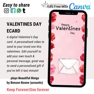 Biglietto di San Valentino modificabile Video animato personalizzato Modello Canva per smartphone ecologico digitale