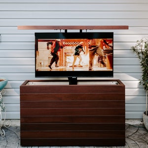Outdoor Hidden TV Lift Cabinet | Brazilian Natural Walnut Ipe Hardwood | Nexus21 TV Lift | Deck or Patio Pop-Up TV Entertainment Center