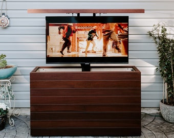 Outdoor Hidden TV Lift Cabinet Brazilian Walnut Ipe Hardwood | Nexus TV Lift | Deck Entertainment Center
