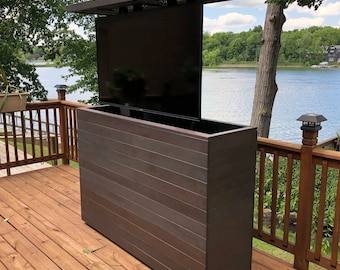 Outdoor Hidden TV Lift Cabinet | Brazilian Charcoal Ipe Hardwood | Nexus21 TV Lift | Deck or Patio Pop-Up TV Entertainment Center