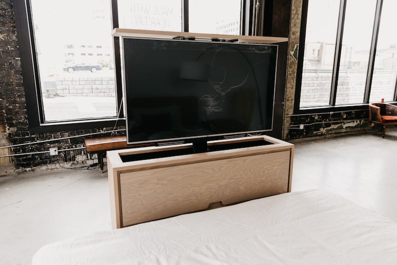 LYRA Hidden Popup TV Light White Oak End of Bed TV