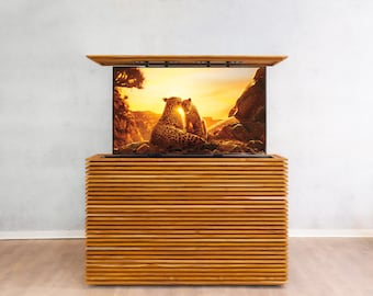 Slatted Teak Outdoor Hidden TV Lift Cabinet | MARCO | Deck or Patio Pop-Up TV Entertainment Center