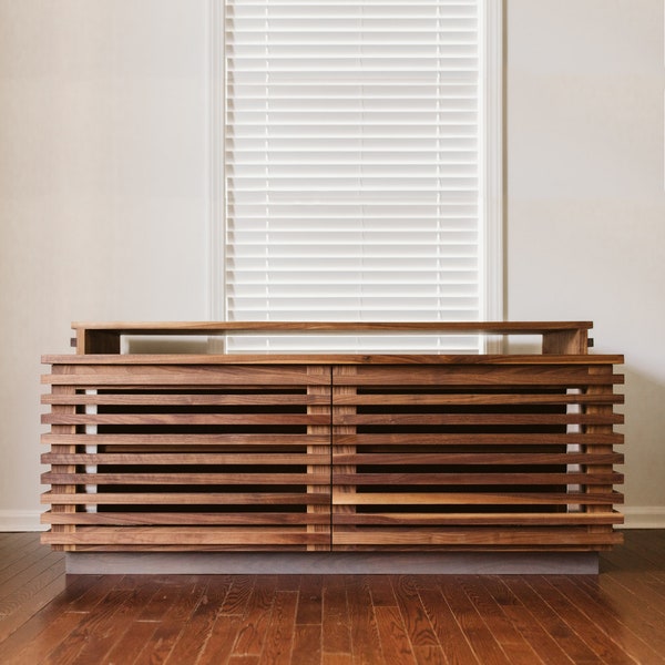 NOOK | Walnut Media Console With Stand | MCM Mid-Century Modern Minimalist Slatted TV Stand Entertainment Center
