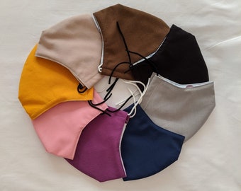 Triple layer coloured face masks - made from cotton with adjustable ear loops and nose clip, handmade in the UK