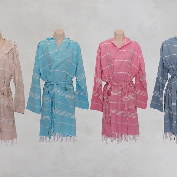 Traditional Turkish Hammam Peshtemal Hooded Bathrobe | Bridesmaid robe | Lounge robe