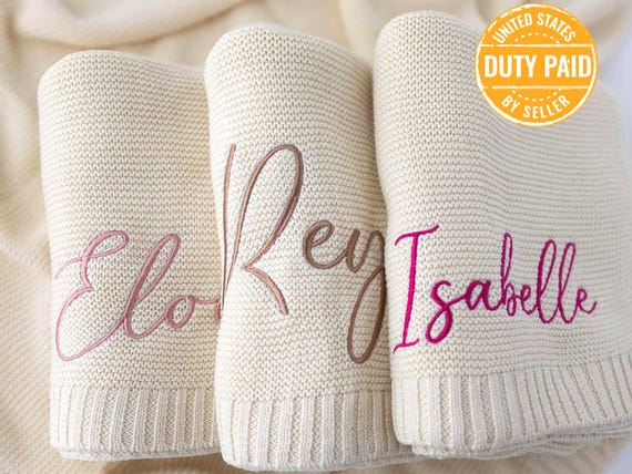 Personalized Baby Name Blanket for Girl, Embroidered Knit Blanket 100% Cotton, Baby Shower Gift for Boy,  Heirloom Nursery Keepsake (30x40)