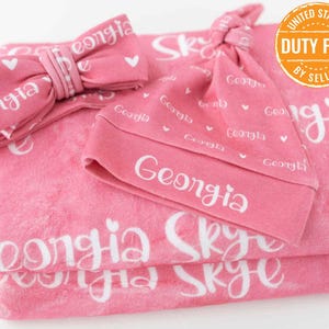 Plush Minky Blanket Set with Hat/Bow, Personalized Name Blanket with Hat, Personalized Jersey Hat, Customized Name Bow Free Duties