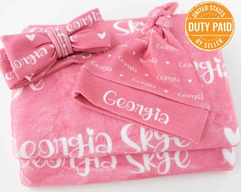 Plush Minky Blanket Set with Hat/Bow, Personalized Name Blanket with Hat, Personalized Jersey Hat, Customized Name Bow Free Duties