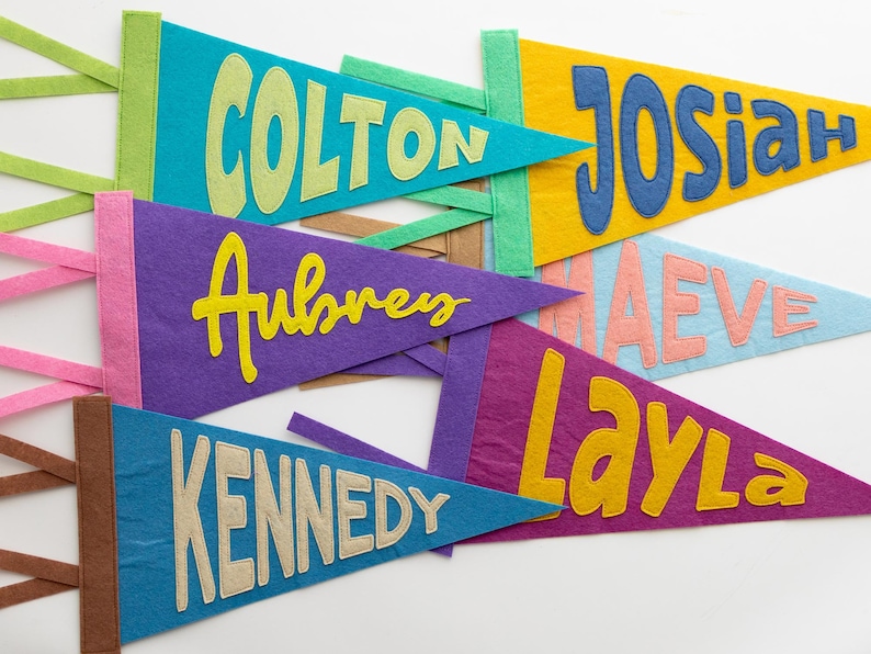 Puede incluir: Una colecci&oacute;n de banderines de fieltro coloridos, cada uno con un nombre diferente en una fuente l&uacute;dica. Los banderines son en tonos de azul, morado, amarillo y rosa, con letras de colores contrastantes. Cintas y detalles verdes, rosas y marrones completan el dise&ntilde;o.