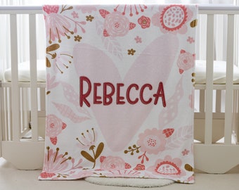 Personalized Baby Blanket, Free Shipping, Custom baby blanket, Baby Girl Blanket, Pink Flower Throw Blanket, Baby Gift, Embroidery Blanket