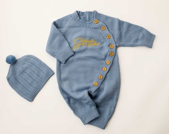 Ensemble de barboteuse pour bébé brodé | Tenue personnalisée de retour à la maison | Body pour bébé garçon nouveau-né | Cadeau de baby shower | Combinaison bébé brodée