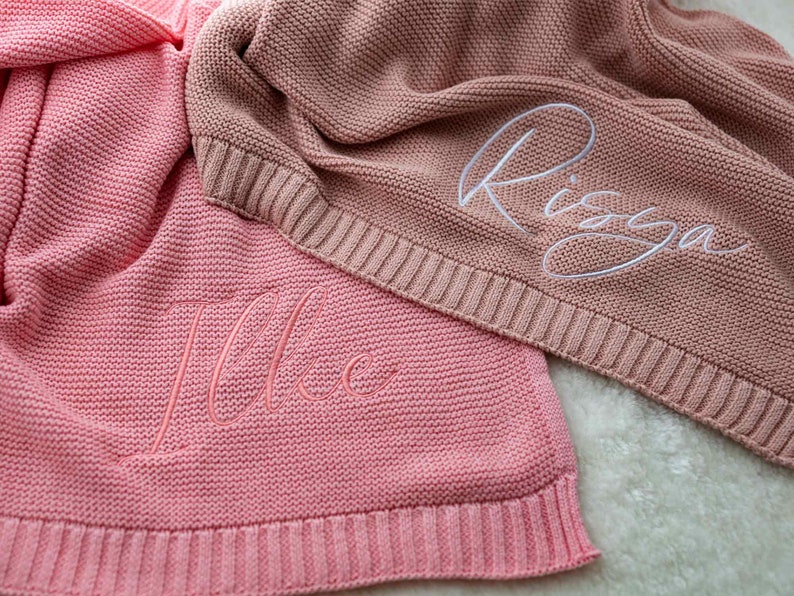 Personalized Knit Baby Blanket Embroidery Gift for Baby Shower Stroller Blanket Monogrammed Newborn Baby Gift Pink Soft Cotton Knit zdjęcie 10