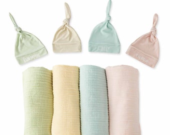 Coperta fasciatoio in mussola a 4 strati con cappello con nodo e nome del bambino, fiocco personalizzato per set regalo per doccia per bambina, coperta per neonato