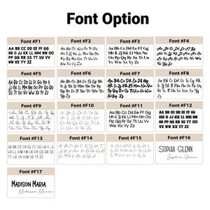 May include: Font options chart with 17 different font styles, labeled F1 through F17. Each font is displayed with the alphabet in uppercase and lowercase, and some include a sample name. The text "Font Option" is at the top.