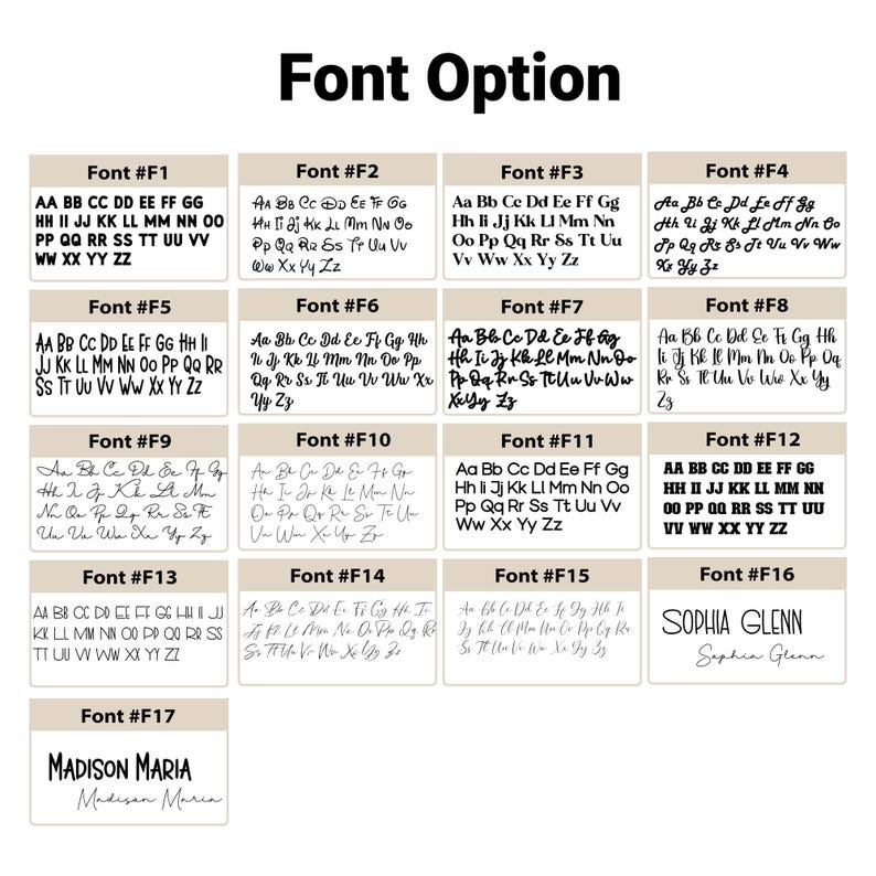 May include: Font options chart with 17 different font styles, labeled F1 through F17. Each font is displayed with the alphabet in uppercase and lowercase, and some include a sample name. The text "Font Option" is at the top.