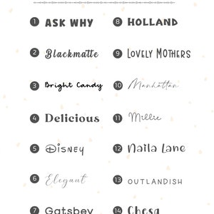 May include: A white background displays fourteen font options, each numbered and labeled. The text "Font Option" is at the top. Font styles range from bold to script, including "Ask Why," "Disney," and "Outlandish."