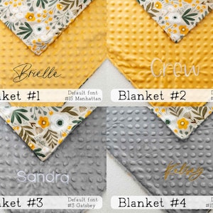 May include: Four baby blankets with embroidered names. The blankets are yellow and grey, with a floral pattern on the top corner. The names are Brielle, Crew, Sandra, and Kelsey. The text "Blanket #1", "Blanket #2", "Blanket #3", and "Blanket #4" are also visible.