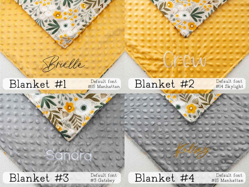 May include: Four baby blankets with embroidered names. The blankets are yellow and grey, with a floral pattern on the top corner. The names are Brielle, Crew, Sandra, and Kelsey. The text "Blanket #1", "Blanket #2", "Blanket #3", and "Blanket #4" are also visible.