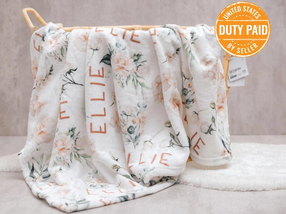 Personalized Baby Girl Blanket, Pink Floral Minky Blanket with Name, Custom Newborn Gift, Baby Shower Keepsake