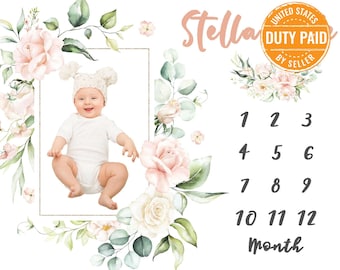 Floral Baby Milestone Blanket, Personalized Baby Shower Gift