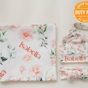 Personalized Swaddle Blanket, Baby Girl Blanket Set, Custom Baby Hat, Newborn Bow, Baby Bow, Baby Name Blanket, Floral Swaddle, shower gift