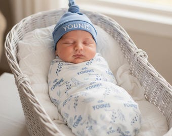 男の子の退院用おくるみセット – 新生児用名入れ病院ブランケット