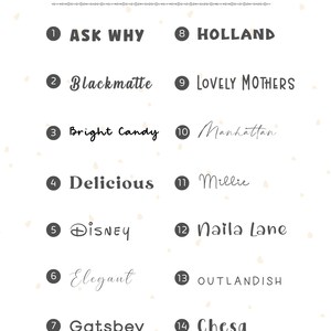 May include: A white background displays fourteen font options, each numbered and labeled. The text "Font Option" is at the top. Font styles range from bold to script, including "Ask Why," "Disney," and "Outlandish."