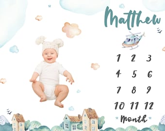 Helikopter gepersonaliseerde babymijlpaaldeken, babyshowercadeau, gepersonaliseerde babynaamdeken, kijk hoe ik deken groei