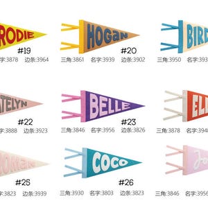 Puede incluir: Una colecci&oacute;n de banderas de bander&iacute;n personalizadas en varios colores, cada una con un nombre como "Brodie" o "Ellio" en una fuente l&uacute;dica. Cada bander&iacute;n tiene un n&uacute;mero &uacute;nico. Estas banderas decorativas son ideales para la decoraci&oacute;n de habitaciones.