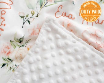 Personalized Minky Dot Baby Blanket, Free Shipping, Custom baby blanket, Baby Girl Blanket, Pink Flower Throw Blanket, Baby Gift