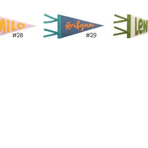 Puede incluir: Tres banderines de fieltro con los nombres "Milo", "Gribynn" y "Lennon". Cada bander&iacute;n es de un color diferente, con los nombres en colores contrastantes. Los banderines tienen un dise&ntilde;o cl&aacute;sico con un extremo puntiagudo y un lazo para colgar.
