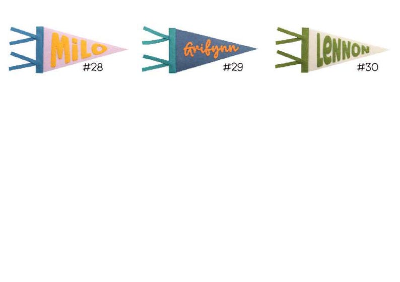 Puede incluir: Tres banderines de fieltro con los nombres "Milo", "Gribynn" y "Lennon". Cada bander&iacute;n es de un color diferente, con los nombres en colores contrastantes. Los banderines tienen un dise&ntilde;o cl&aacute;sico con un extremo puntiagudo y un lazo para colgar.