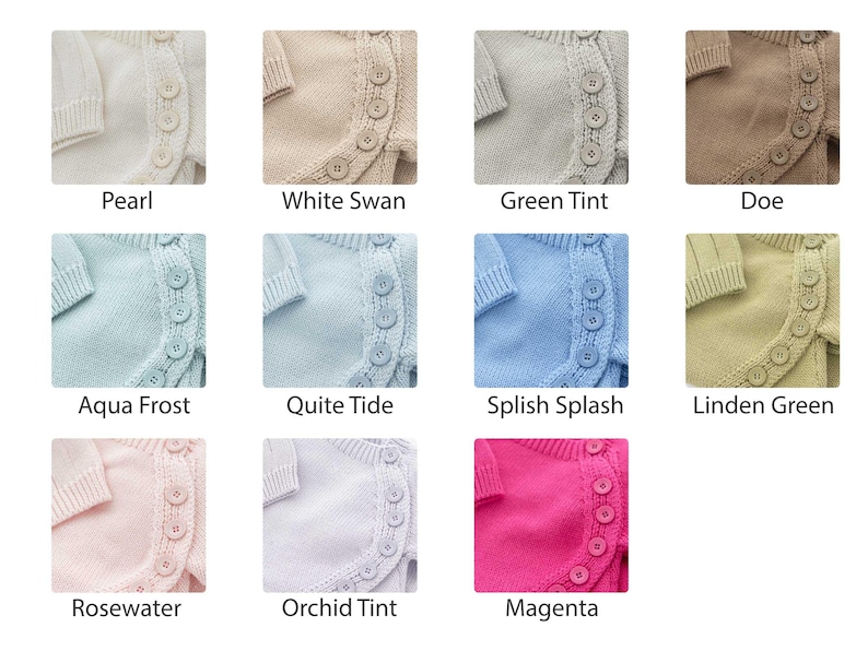 May include: A collection of baby cardigans in various colors, including Pearl, White Swan, Green Tint, Doe, Aqua Frost, Quite Tide, Splish Splash, Linden Green, Rosewater, Orchid Tint, and Magenta. Each cardigan features a button closure and a knitted design.