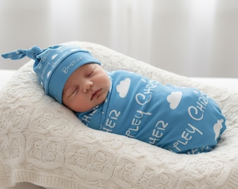 Personalized Newborn Swaddle Set, Custom Baby Name Blanket and Hat, Coming Home Outfit, Baby Shower Gift