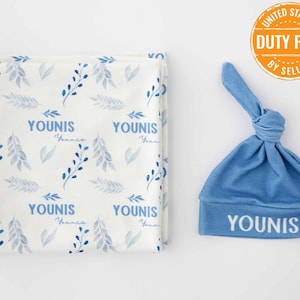 Bonnie Blue Personalisierte Neugeborene Jungen Swaddle - Benutzerdefinierte Name Jersey Stricken Baby Decke