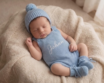 Personalized Suspender Knit Baby Set with Booties, Heirloom Newborn Photo Outfit, Custom Embroidered Name Set