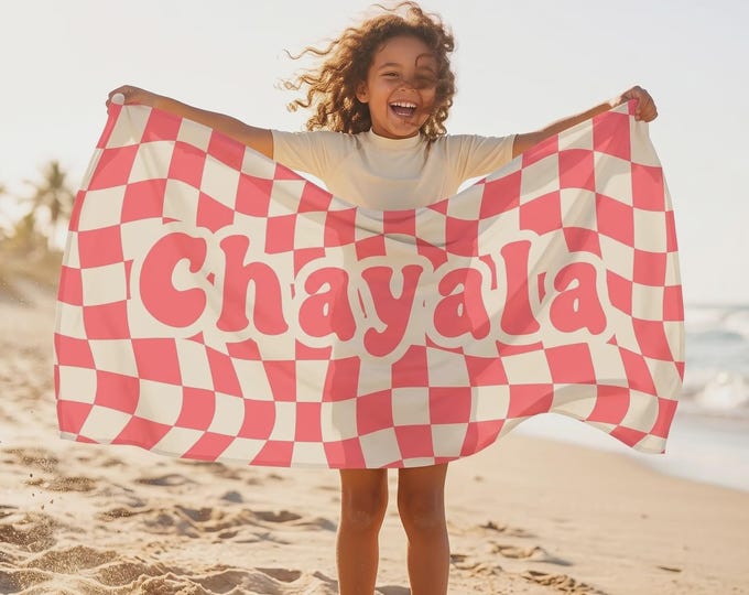Kids Personalized Beach Towel, Custom Name Pool Towel for Boys Girls, Summer Gift for Kids, Microfiber or Premium Blend