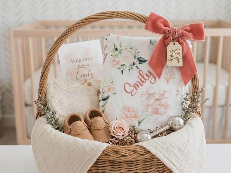 May include: A wicker basket filled with baby gifts, including a floral blanket with the name "Emily", a cream-colored sweater, and tan leather baby shoes. A pink bow and a wooden tag that says "Gift for Emily" adorn the basket.