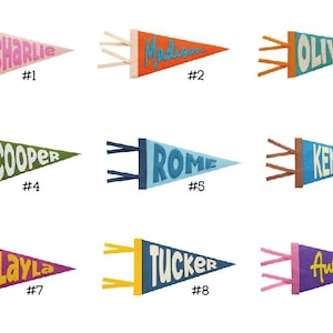 Puede incluir: Nueve banderines coloridos con nombres como "Charlie", "Madison" y "Oliver". Cada bander&iacute;n tiene un esquema de color diferente y un n&uacute;mero debajo. Las banderas triangulares tienen clavijas de madera y cintas.