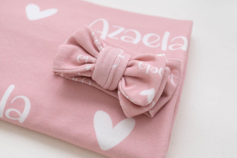 Personalized Newborn Swaddle, Baby Girl Blanket, Custom Baby Hat, Baby Bow, Baby Name Blanket, Baby Swaddle, Baby boy shower gift newborn zdjęcie 8