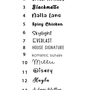 May include: A list of 15 different fonts, each with a unique style and name. The fonts are displayed in black text on a white background. The font names include "France", "Lovely Mothers", "Blackmatte", "Naila Lane", "Spicy Chicken", "Skylight", "EVERLAST", "HOUSE SIGNATURE", "Romantic sunday", "Millie", "Disney", "Kayla", "I Love Glitter", "Elegant", and "Bestigna (Bestigna)".