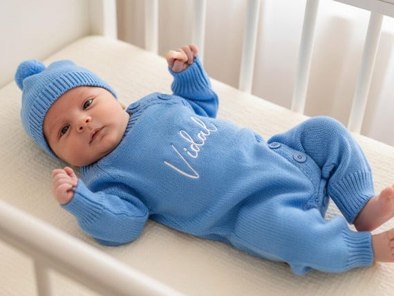 Newborn Coming Home Outfit, Personalized Baby Boy Knit Romper Set with Hat, Embroidered Name Hospital Outfit, Newborn Girl Baby Shower Gift