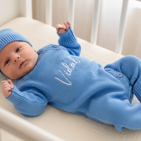 Newborn Coming Home Outfit, Personalized Baby Boy Knit Romper Set with Hat, Embroidered Name Hospital Outfit, Newborn Girl Baby Shower Gift
