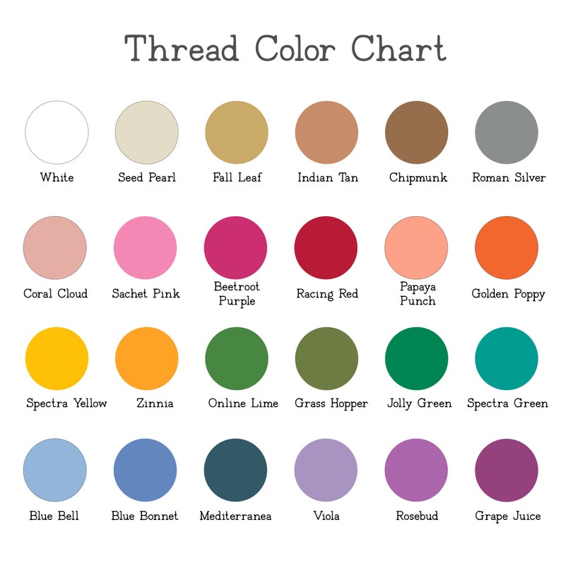 May include: A thread color chart with a variety of colors, including white, pink, yellow, green, blue, and purple. Each color is displayed in a circular swatch with its name underneath. The chart is titled "Thread Color Chart."