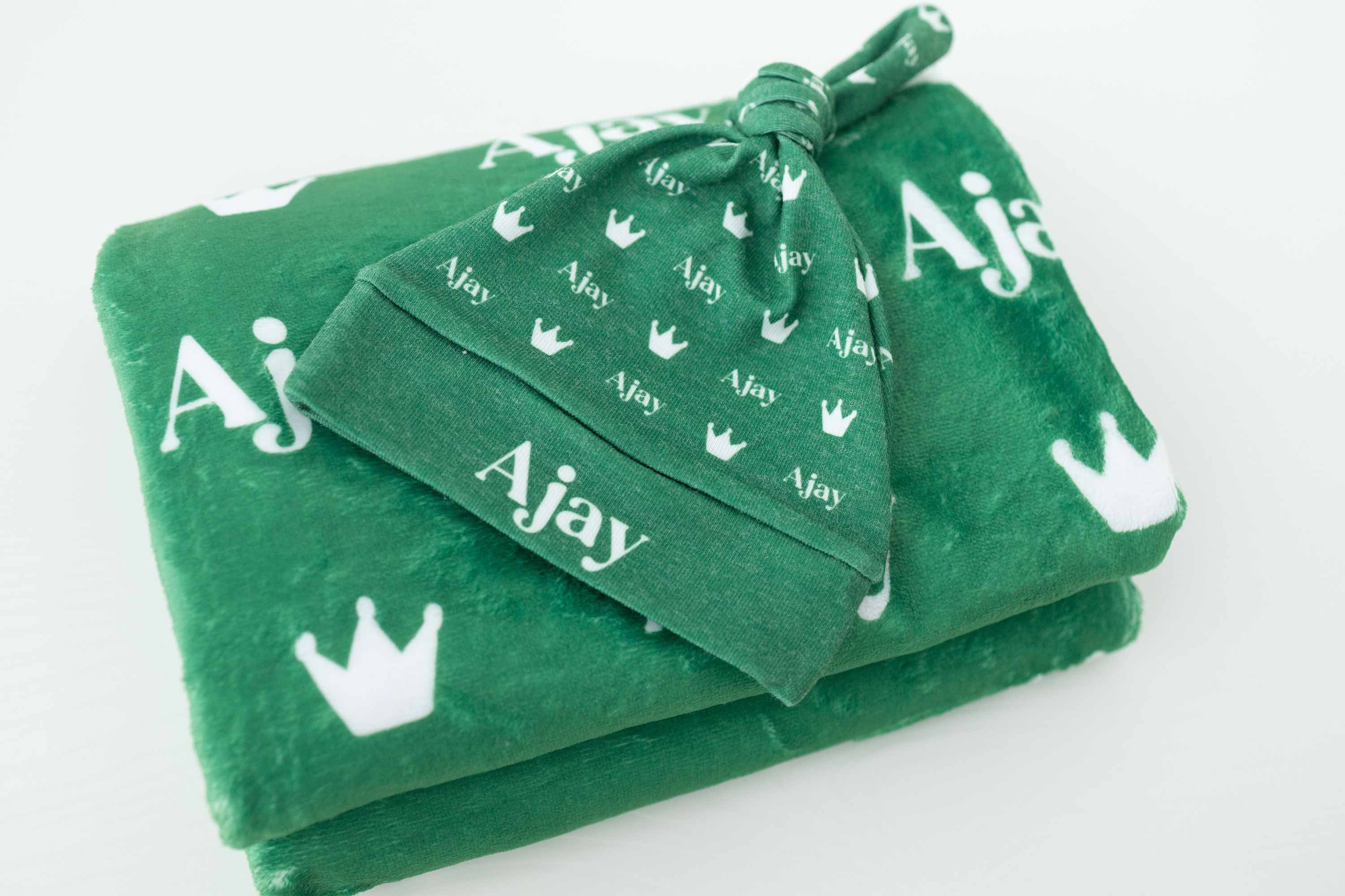 Plush Minky Blanket Set with Hat/Bow, Personalized Name Blanket with Hat, Personalized Jersey Hat, Customized Name Bow