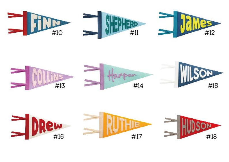Puede incluir: Nueve banderines coloridos con nombres como Finn, Shepherd, James, Collins, Harper, Wilson, Drew, Ruthie y Hudson. Cada bander&iacute;n tiene un esquema de color diferente y un n&uacute;mero. Las banderas est&aacute;n dise&ntilde;adas con una est&eacute;tica cl&aacute;sica y vintage.