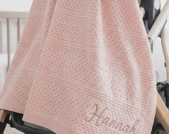Personalized Knit Baby Name Blanket, Embroidered 100% Cotton Soft Newborn Keepsake, Custom Nursery Throw, Baby Shower Gift Girls Boys 30x40