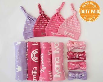Personalized Newborn Swaddle, Baby Girl Blanket, Custom Baby Hat, Baby Bow, Baby Name Blanket, Baby Swaddle, Baby boy shower gift newborn