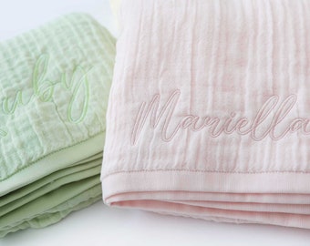 Couverture personnalisée pour bébé, 4 épaisseurs en mousseline, emmaillotage, broderie avec nom, cadeau de baby shower